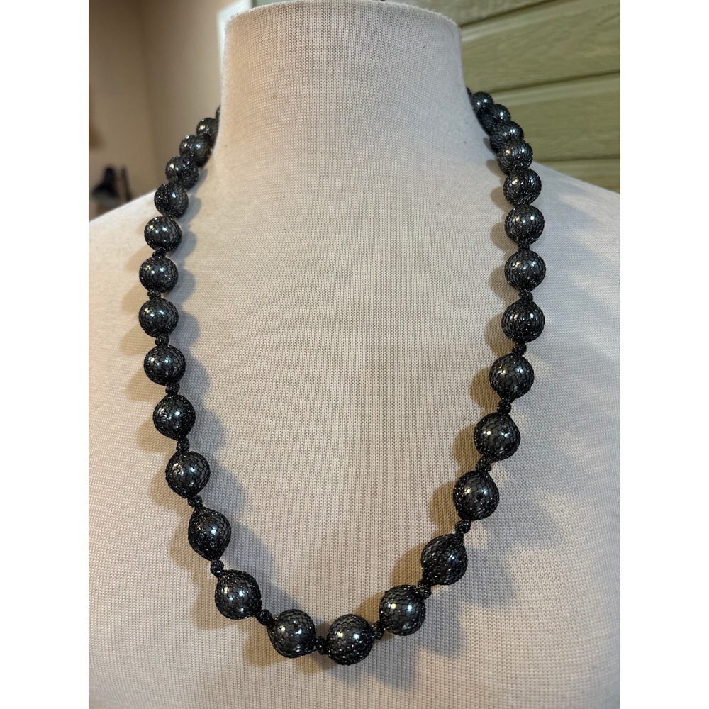 Black Mesh Wrapped Bead Hand Knotted Necklace Ribbon Tie Adjustable J850